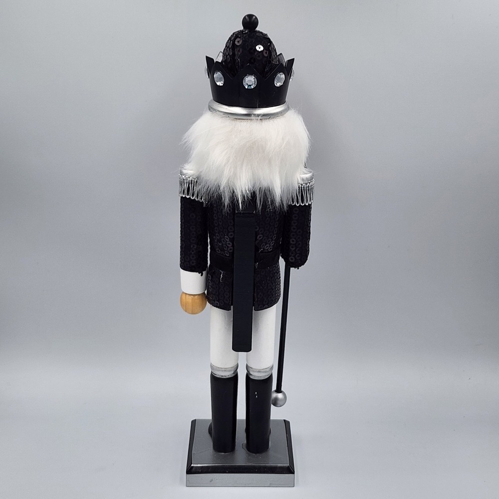 Black Silver King Guard Nutcracker Christmas Sequin Crown Wooden 15" Holiday - Picture 4 of 7